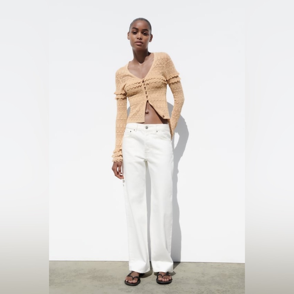 NWT Zara Pointelle Knit Jacket In Taupe Brown Size S